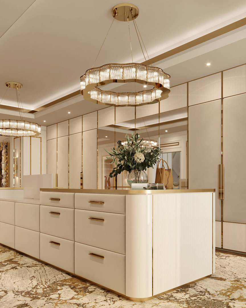 Villa Mediterranean Walk-in-Closet in pastel tones featuring Cosmopolitan round suspension by Castro Lighting 
