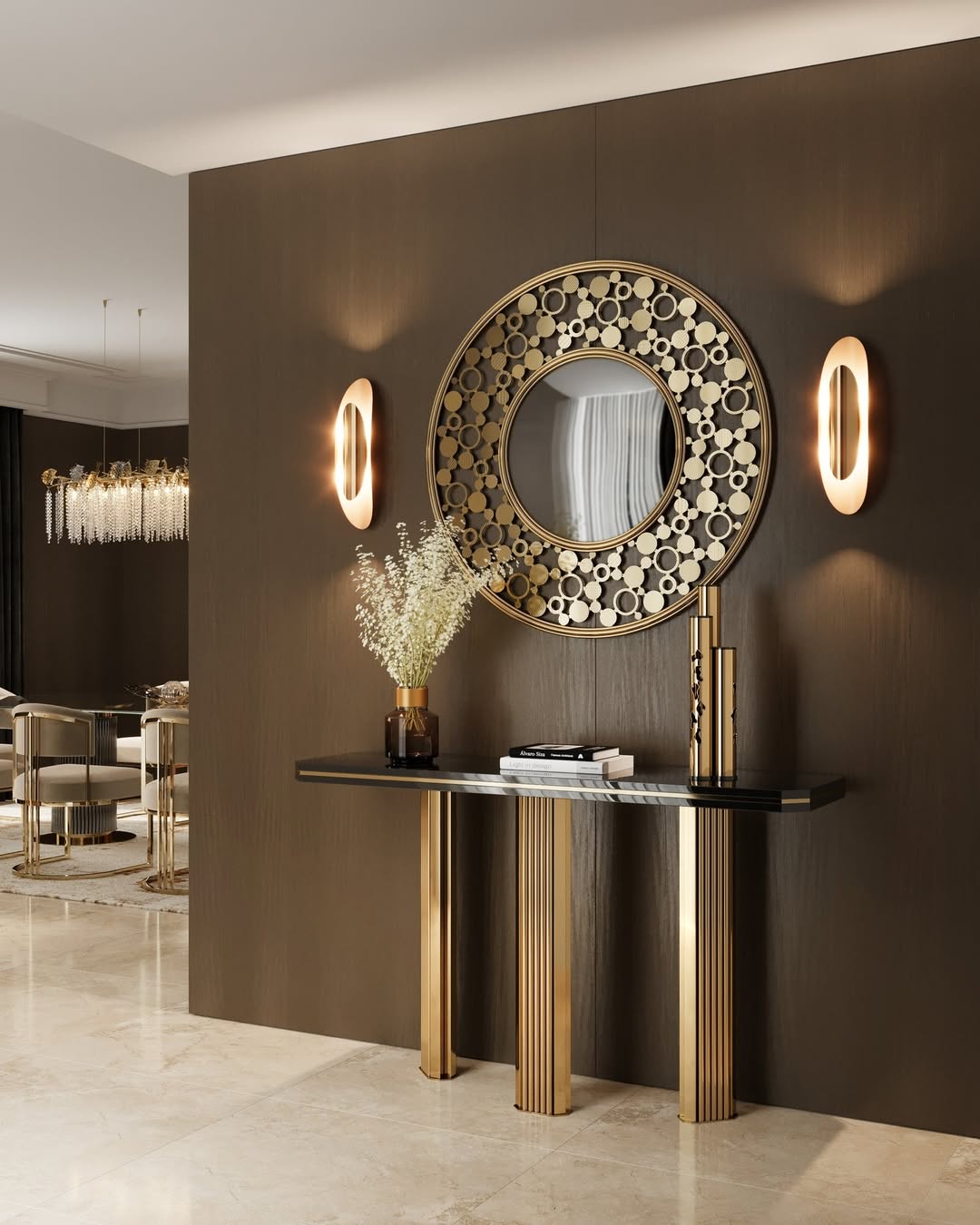 The Pattern Mirror, Carlo Sofa, and Harp Slim Dining Chairs add layers of refined luxury, while the Tiffany Side Table introduces a tactile balance with its sculptural form and polished surfaces. Each piece plays a vital role in shaping a living space where warmth meets understated elegance in perfect harmony, showcasing the seamless synergy of light, texture, and Portuguese craftsmanship. 