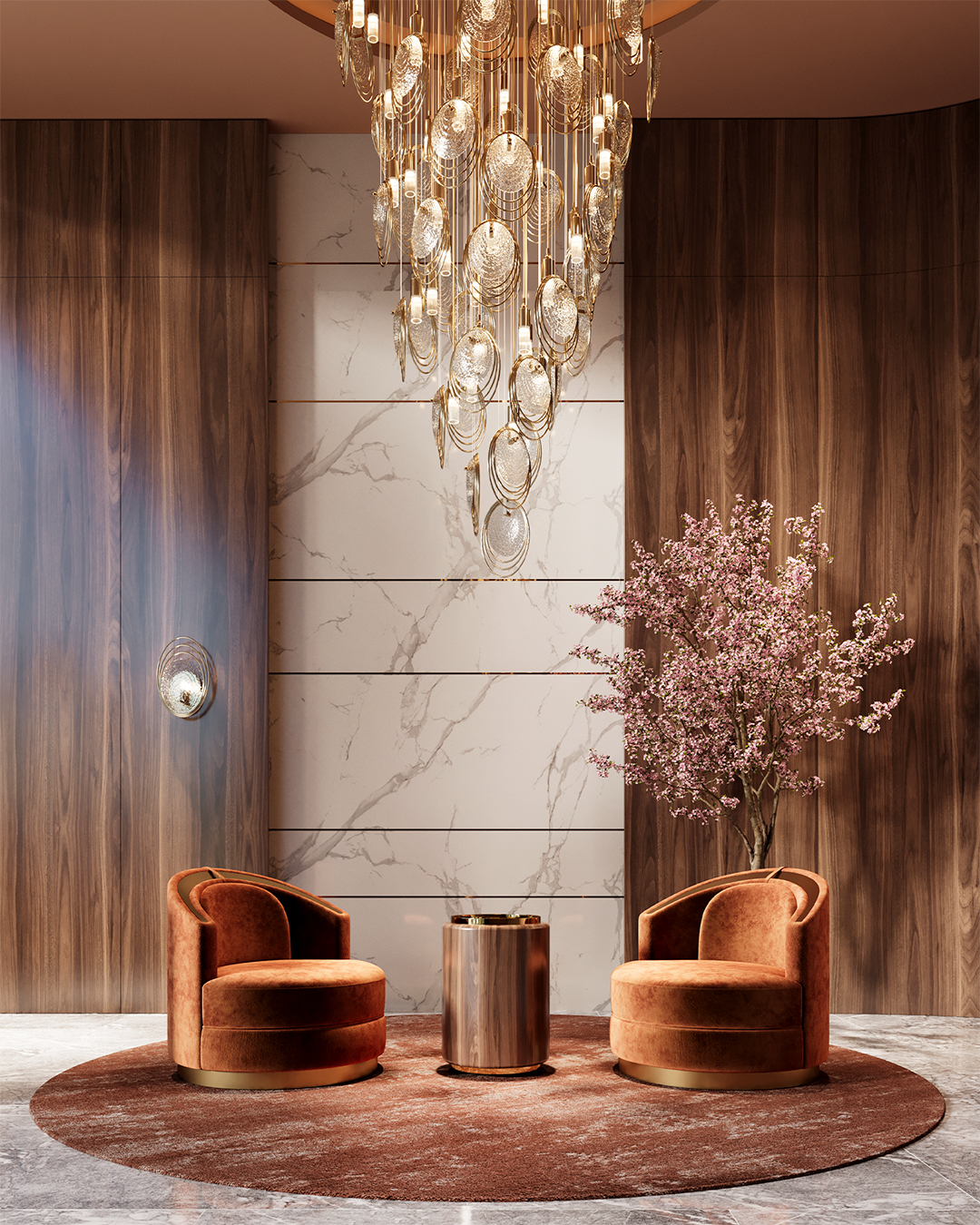 Hotel entrance in Mocha Mousse hues, featuring the Coral Suspension and Carlo Armchair