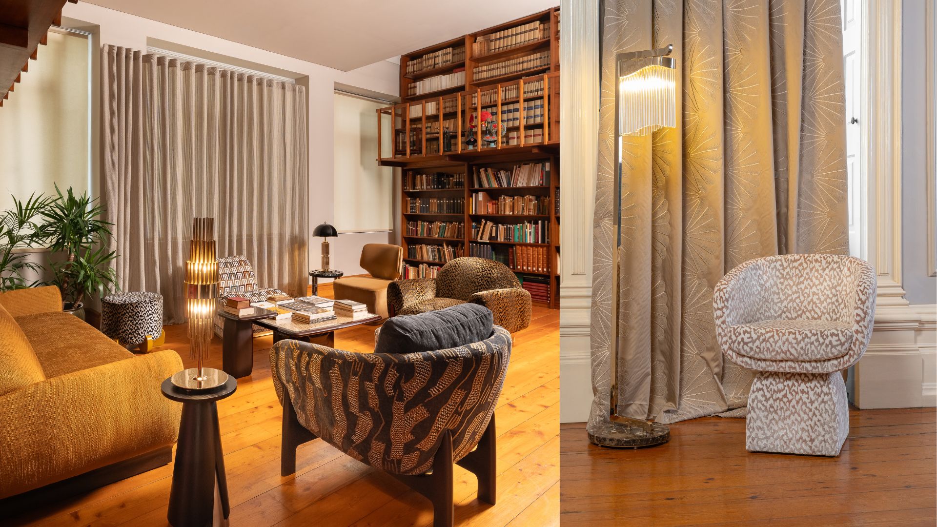 Élea Table Lamp, Streamline Table Lamp and Flow Floor Lamp at Palacete Silva Monteiro | Image Credit: Aldeco