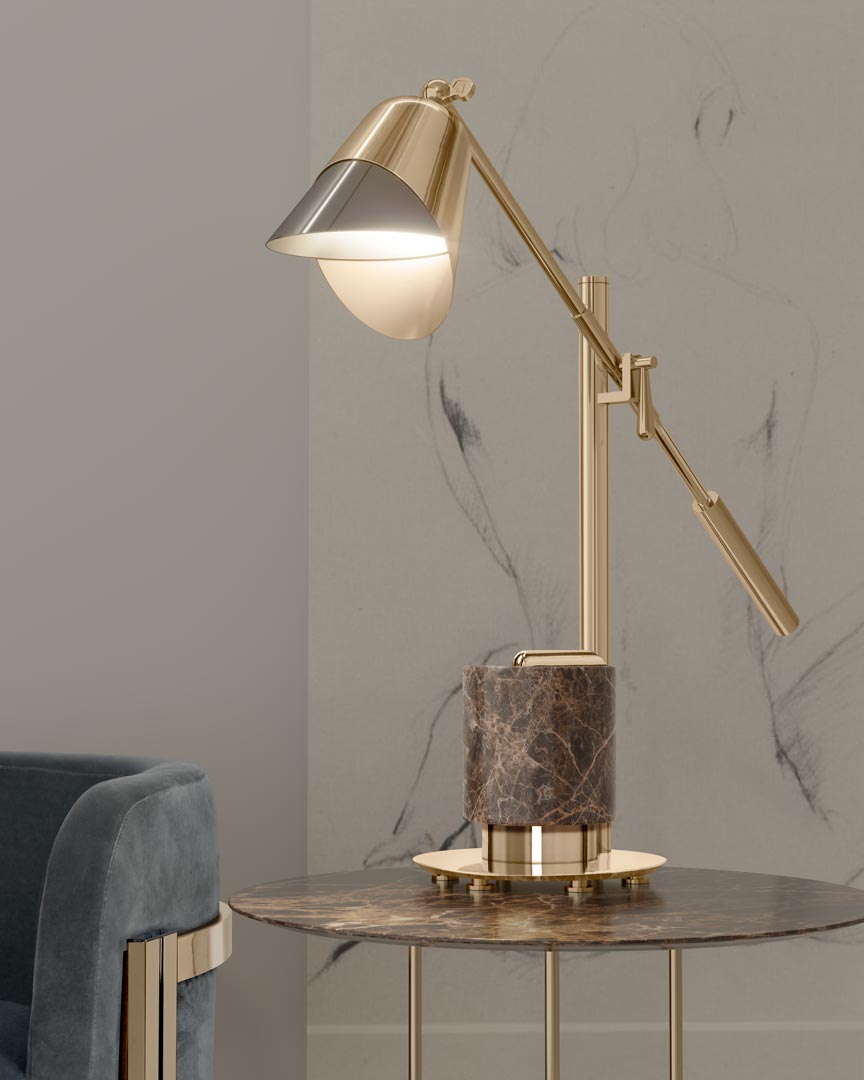 Modern Living Room featuring Savoye Table Lamp in gold and black nickel finishes