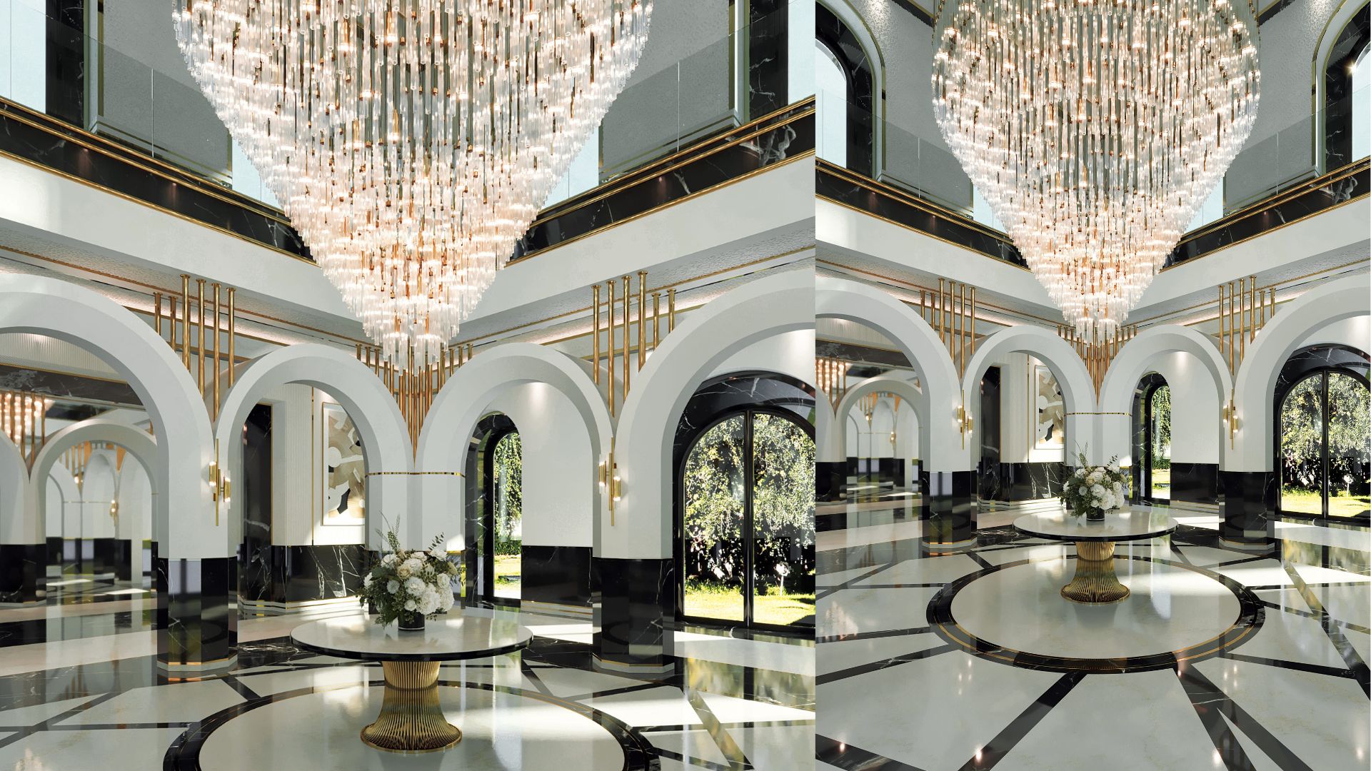 Hotel Lobby featuring Castro Lighting's Blaze Suspension, Byron Wall Light, Flusso Round Table 