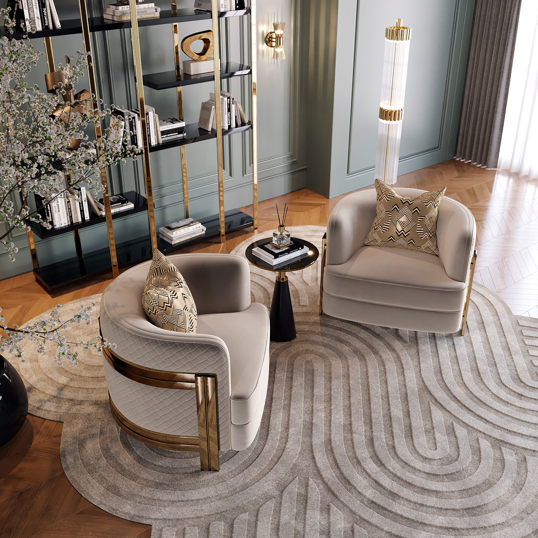 living room designed by castro with bookshelf design and exclusive furniture pieces