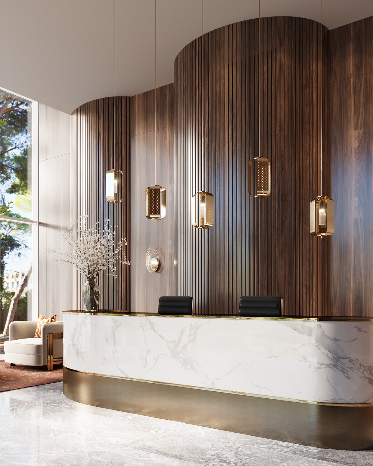 Hotel reception in Mocha Mousse hues, featuring Dune Pendant and Coral Wall Light