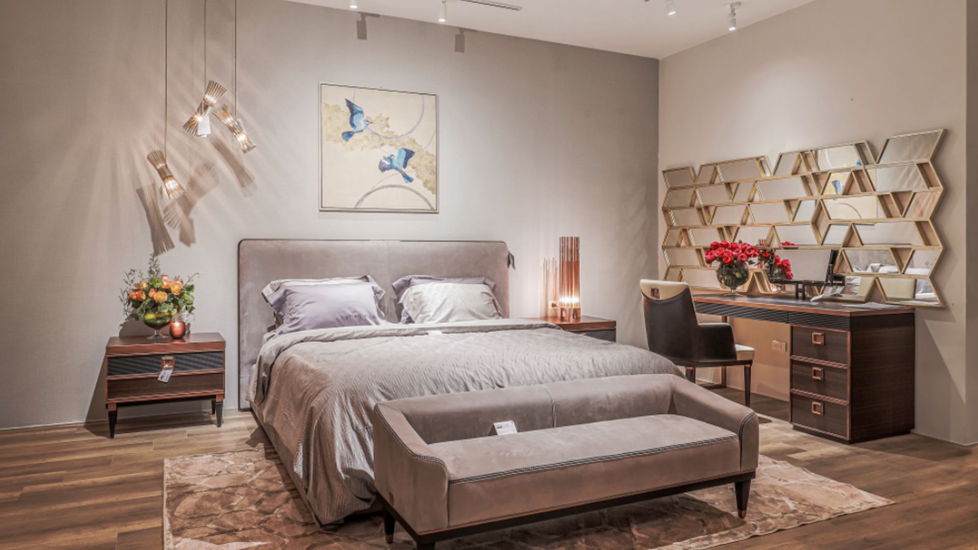 Contemporary bedroom interior with streamline table lamp and halo pendant lighting for a soft ambient glow
