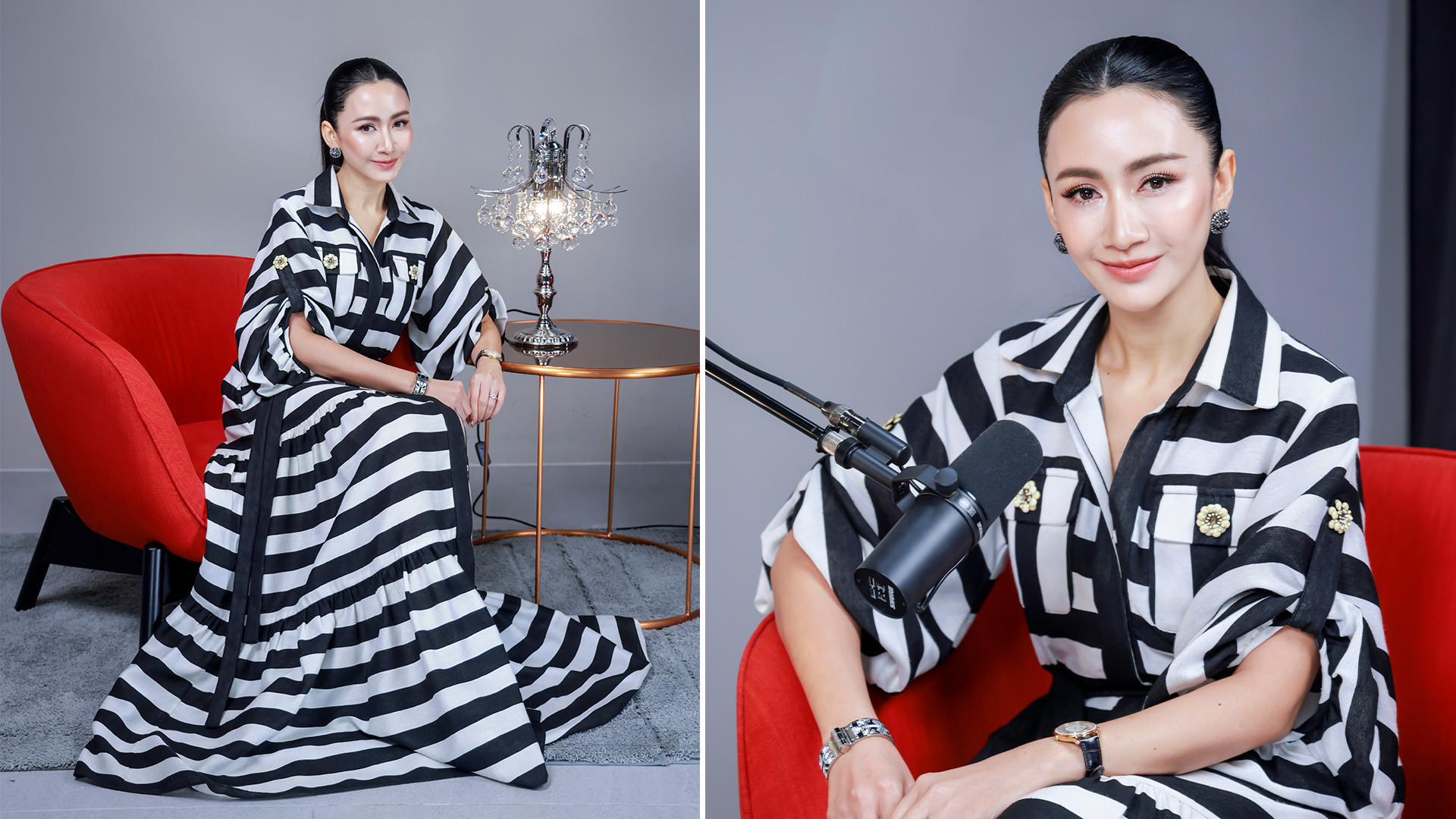 Portrait of an Estella Prestige representative in an interview setting, seated beside a decorative crystal table lamp and speaking into a microphone.