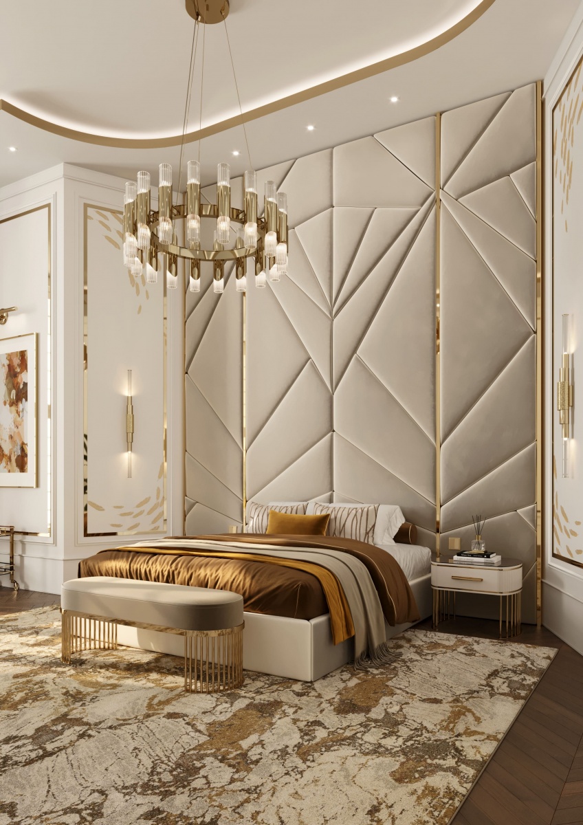 A Dreamy Modern Mediterranean Master Suite featuring The Byron Suspension, Metier Wall Lights, the Grace Bedside Table, the Grace Bench by Castro Lighting