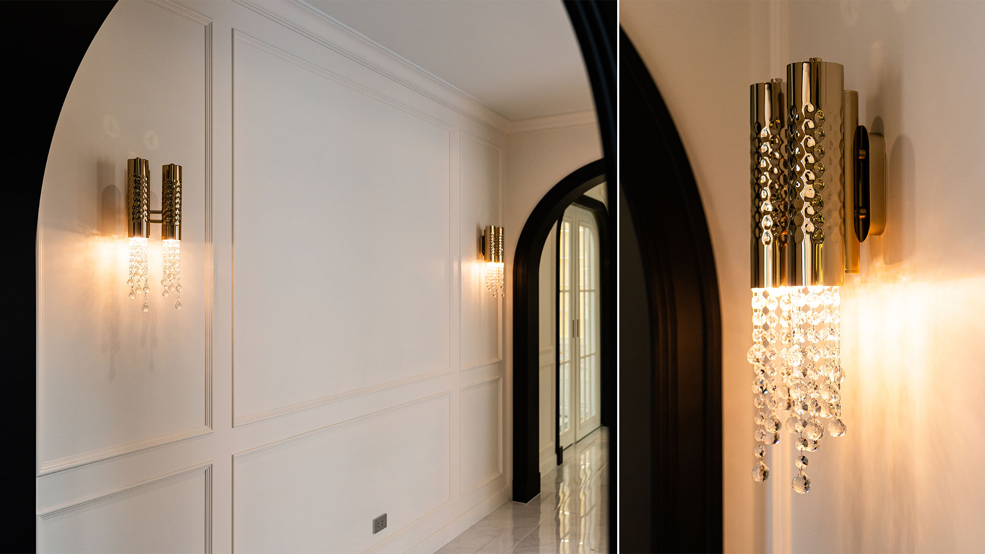 Hallway interior featuring the Safi Wall Light by Castro Lighting, with gold-plated brass detailing and cascading crystal accents creating a warm, elegant glow along the wall.