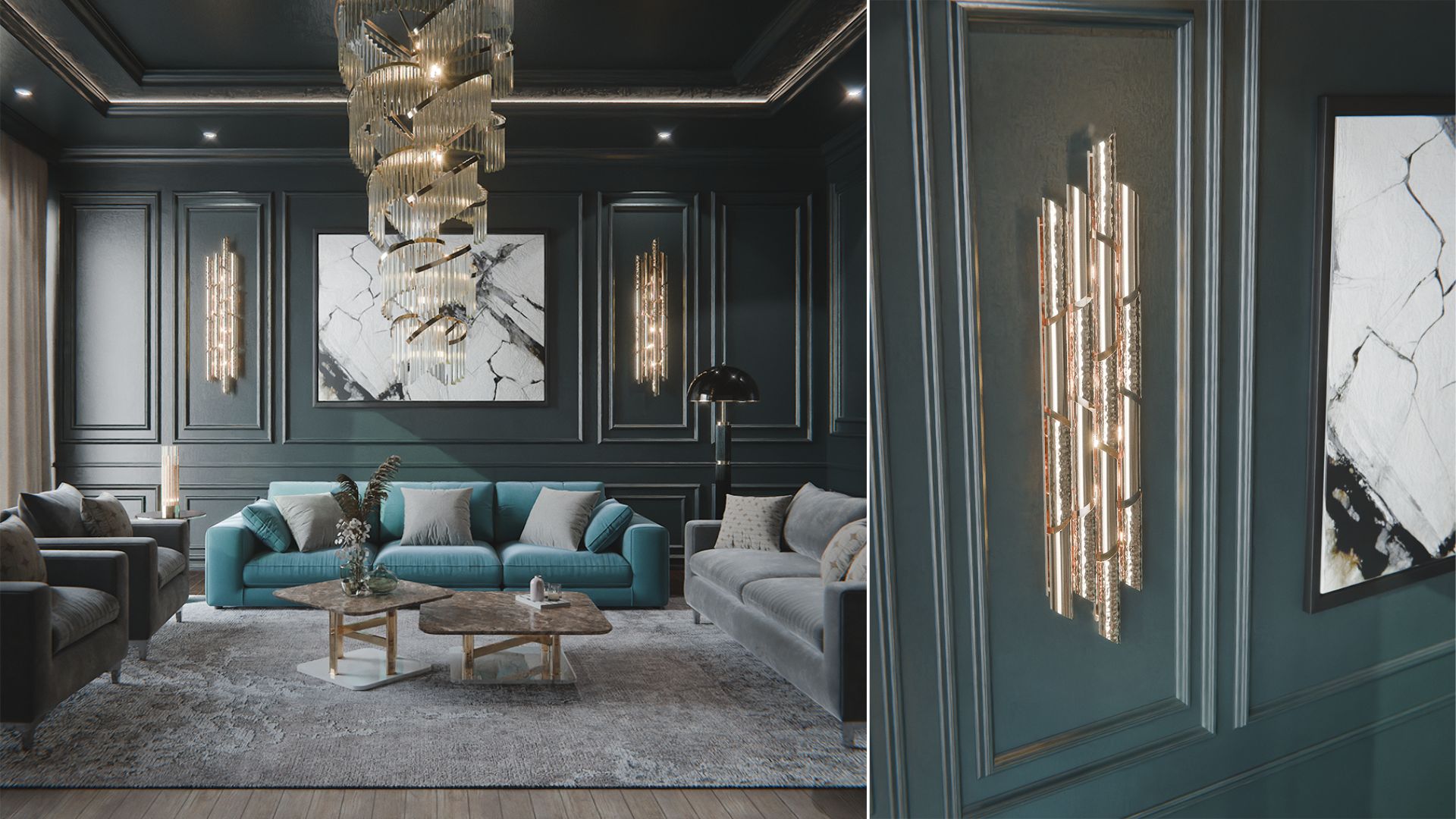 Living Room by Castro Lighting featuring Twist Suspension, Triumph Wall Light, Streamline Table Lamp, Élea Floor Lamp, Columns Center Table