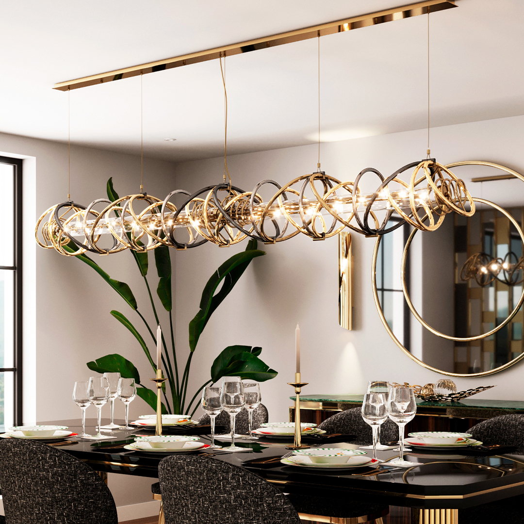 Monochromatic Dining Room featuring Galaxy Suspension, Nolal Wall Light, Roma Mirror, Harp Dining Table, Spike Candle Holder, Pattern Basket by Castro Lighting