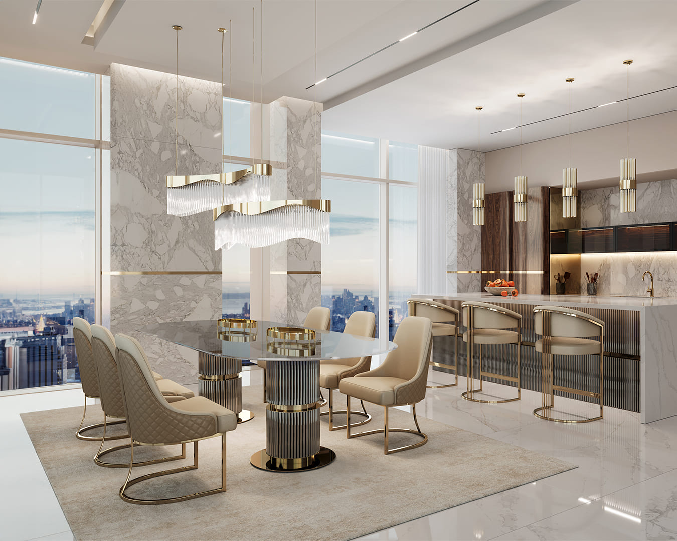Miami Ambiance featuring the Flow Suspension, Eléa Dining Table, Harp Bar Chairs, Athena Chairs and the Halma Pendant