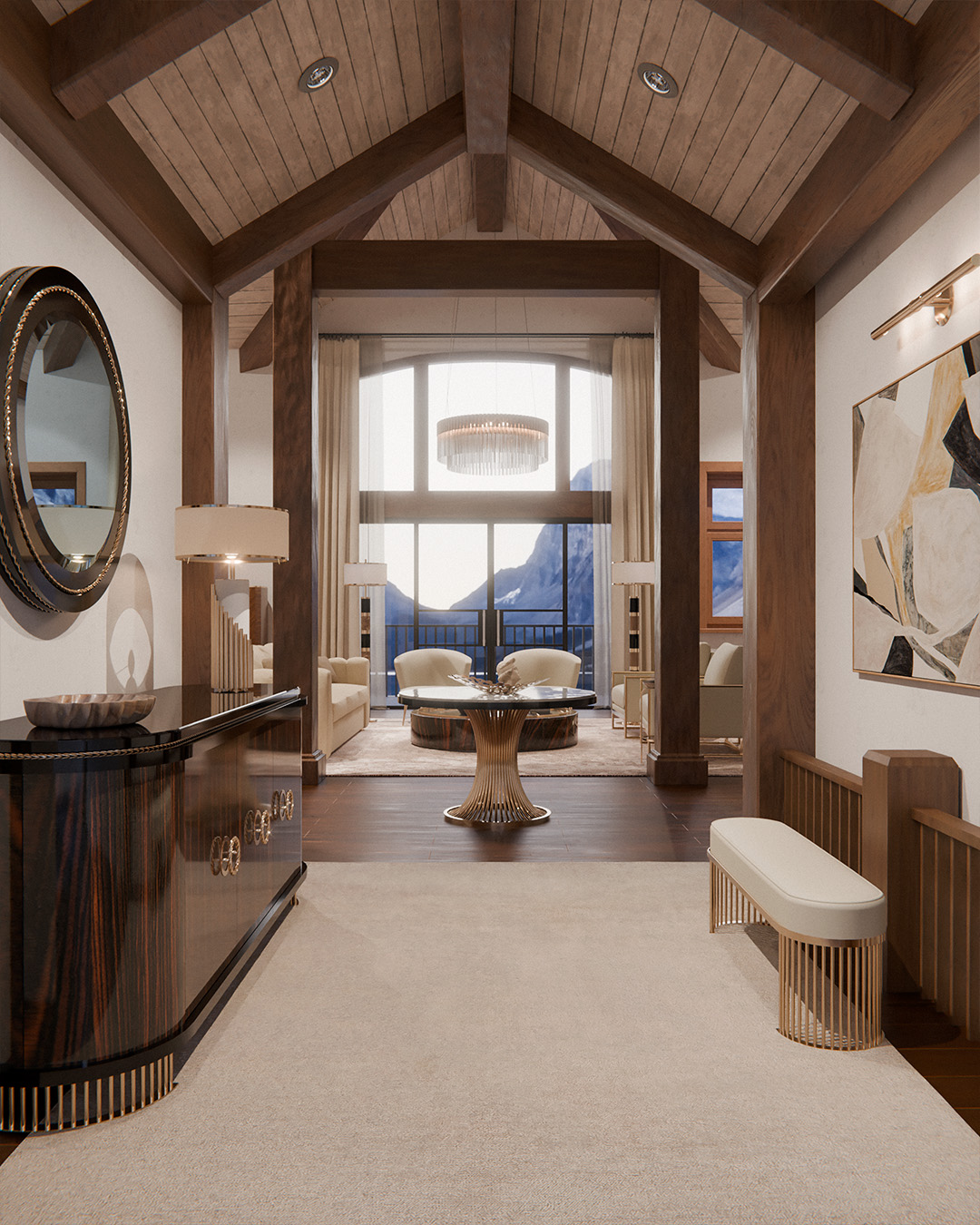 Alt Text: An elegant living room designed in a warm autumnal palette, featuring a deep brown sofa, a circular wooden sideboard, and a brass and marble floor lamp. The interior showcases layered textures and sophisticated lighting from the Castro Lighting collection, reflecting the season's cozy aesthetic.