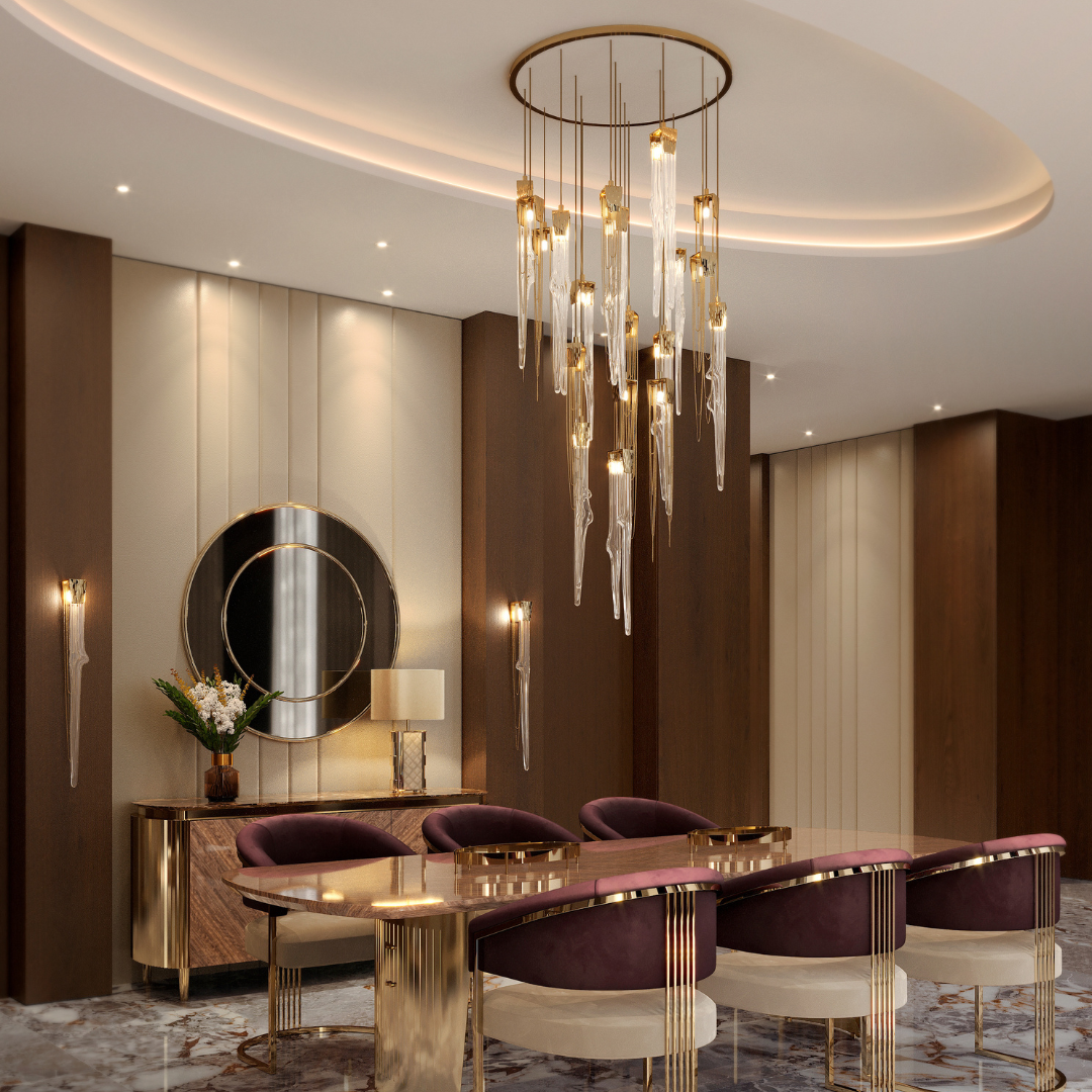 Luxury dining room designed by Castro with stunning chandelier deign and furniture to create unique design for the project 