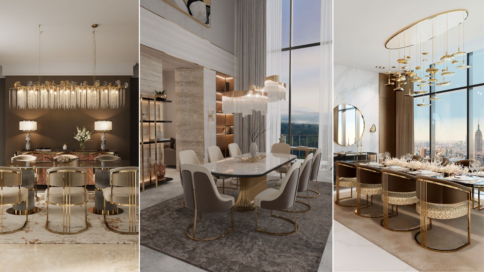 Dining Room Ambiances by Castro Lighting: Tuscania Snooker Suspension, Flow Suspension and Mastery Suspension