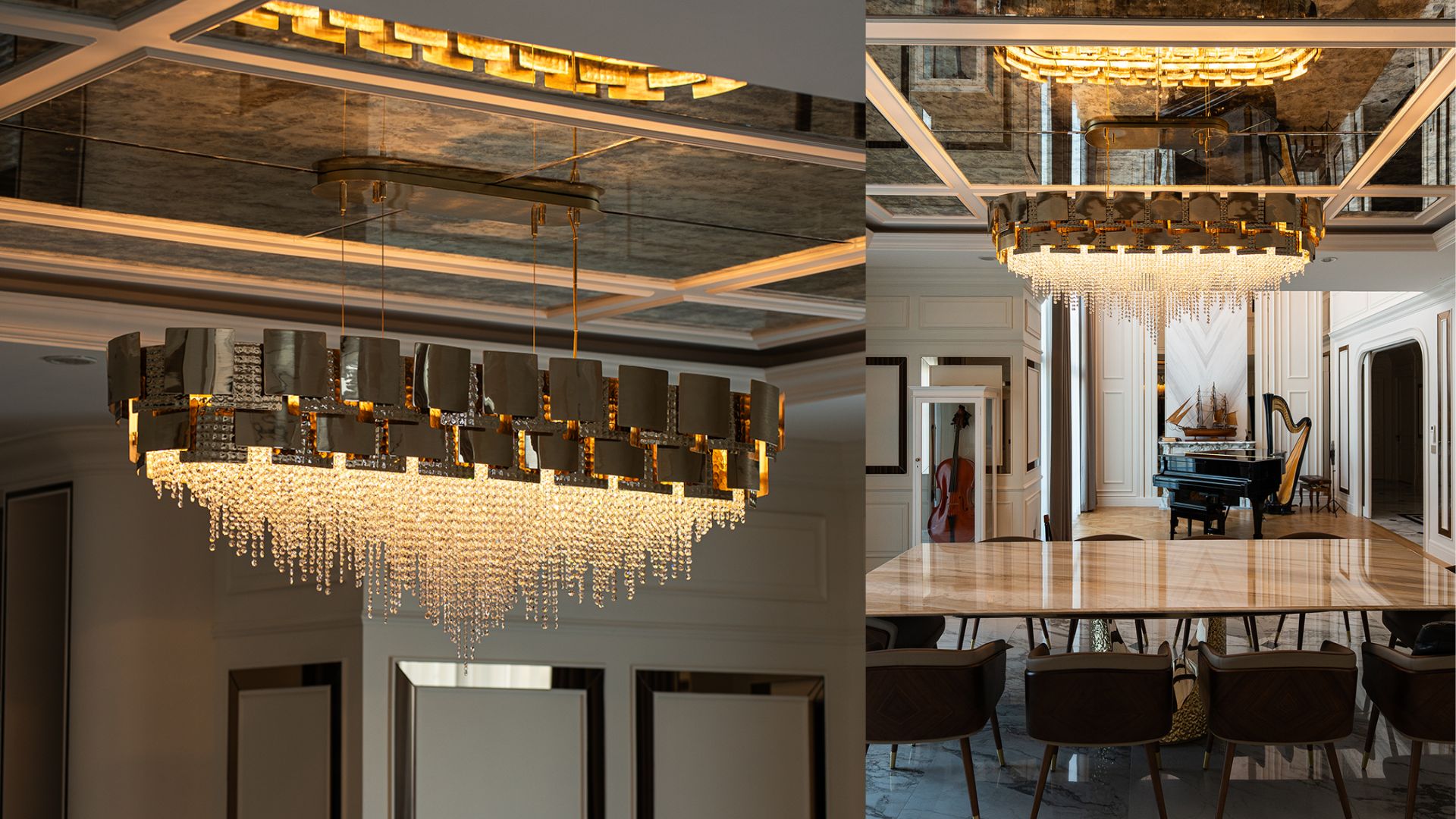 Contemporary Mondrian crystal chandelier with geometric structure and refined transparent layered crystal elements