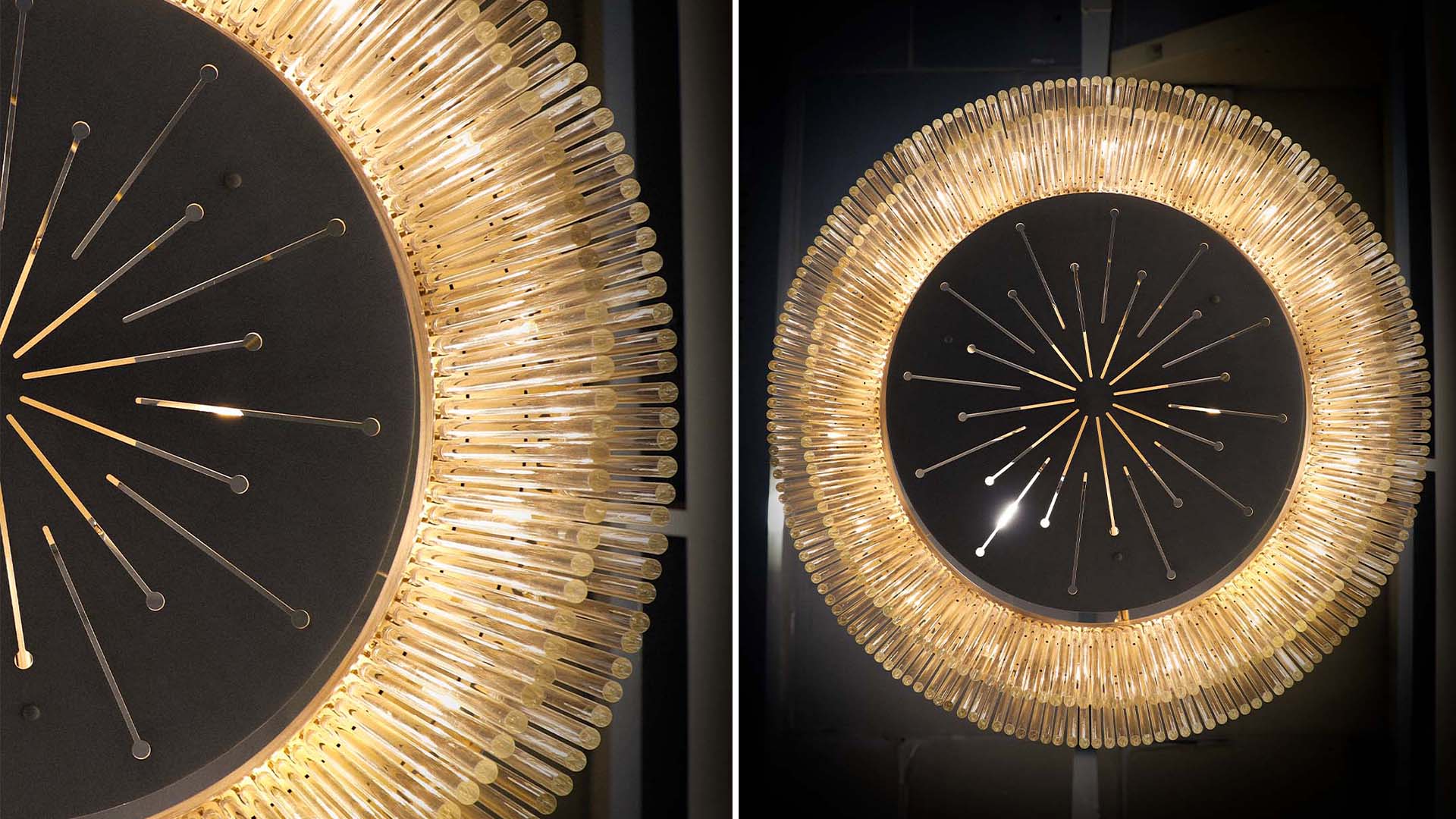 Luxury circular ceiling light with radiating metallic details, layered glass rods and warm illumination.