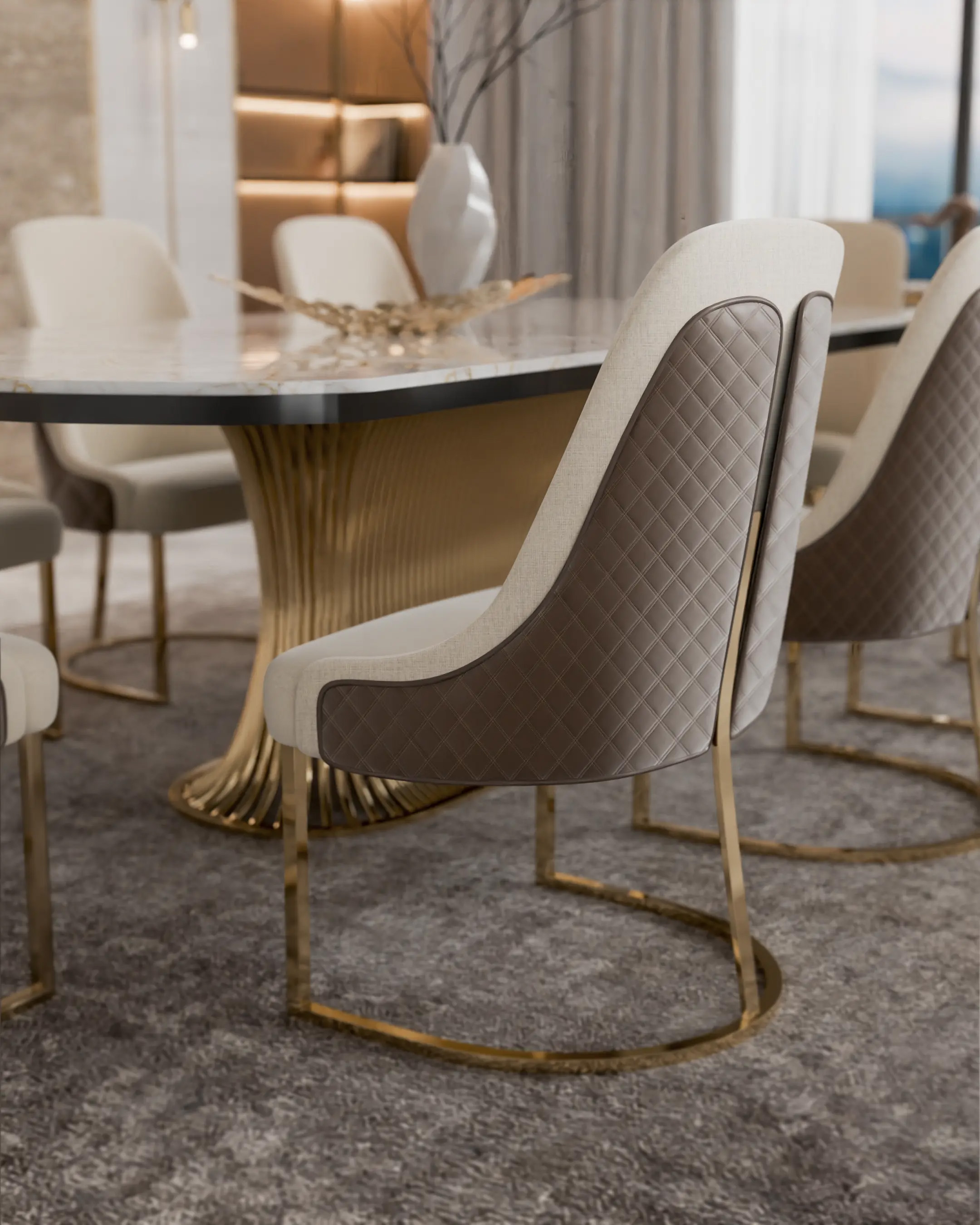 Sophisticated Dining Room set featuring Athena dining chair in beige and mocha mousse hues by Castro Lighting Castro Interiors 