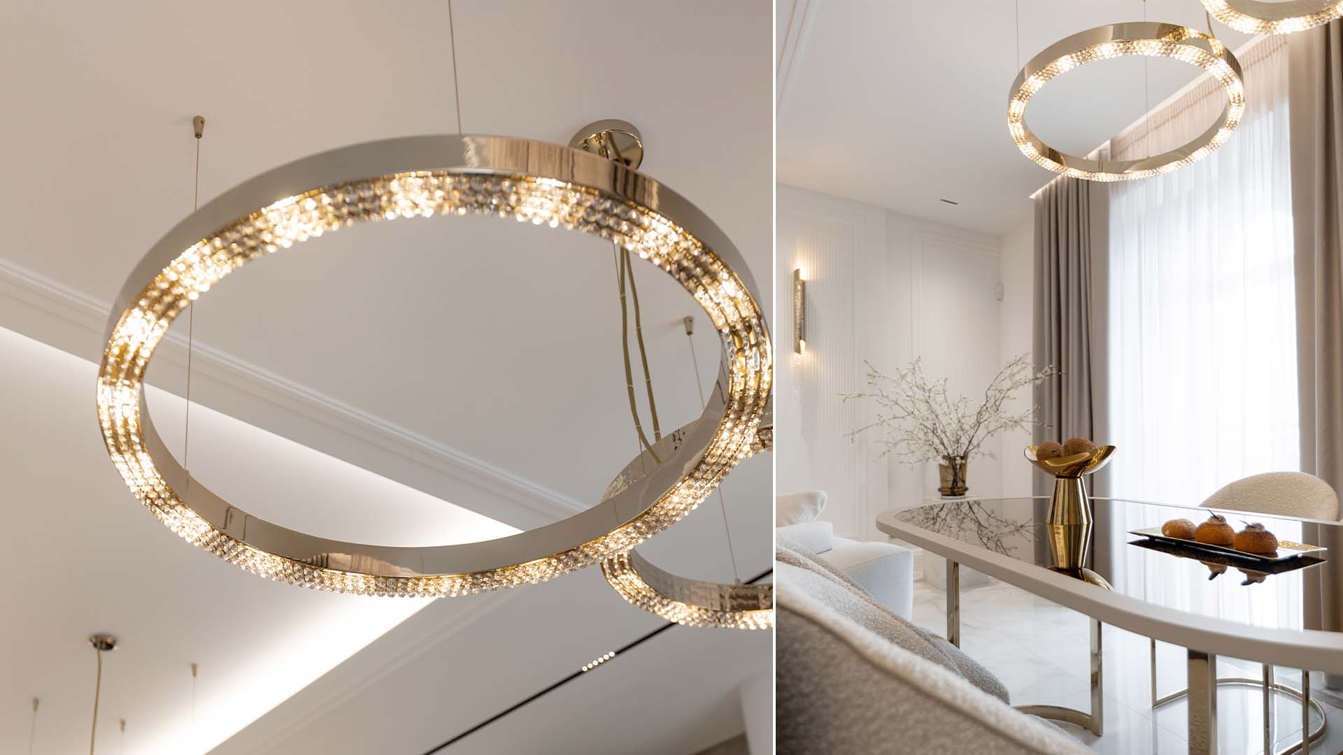 Dining area featuring the Metis Suspension by Castro Lighting, with a sleek circular brass form and delicate crystal details creating a refined, minimalist lighting statement.