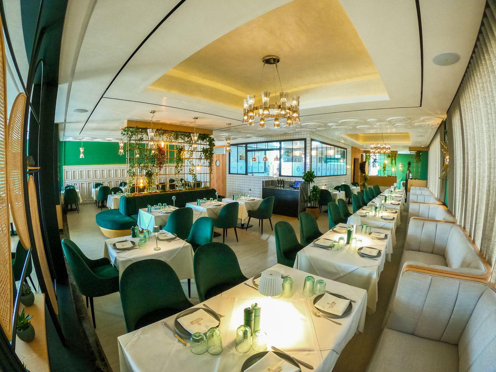 Interior of La Cantine d’Agadir restaurant in Morocco featuring contemporary design with Halo Collection lighting and furnishings by Castro Lighting.