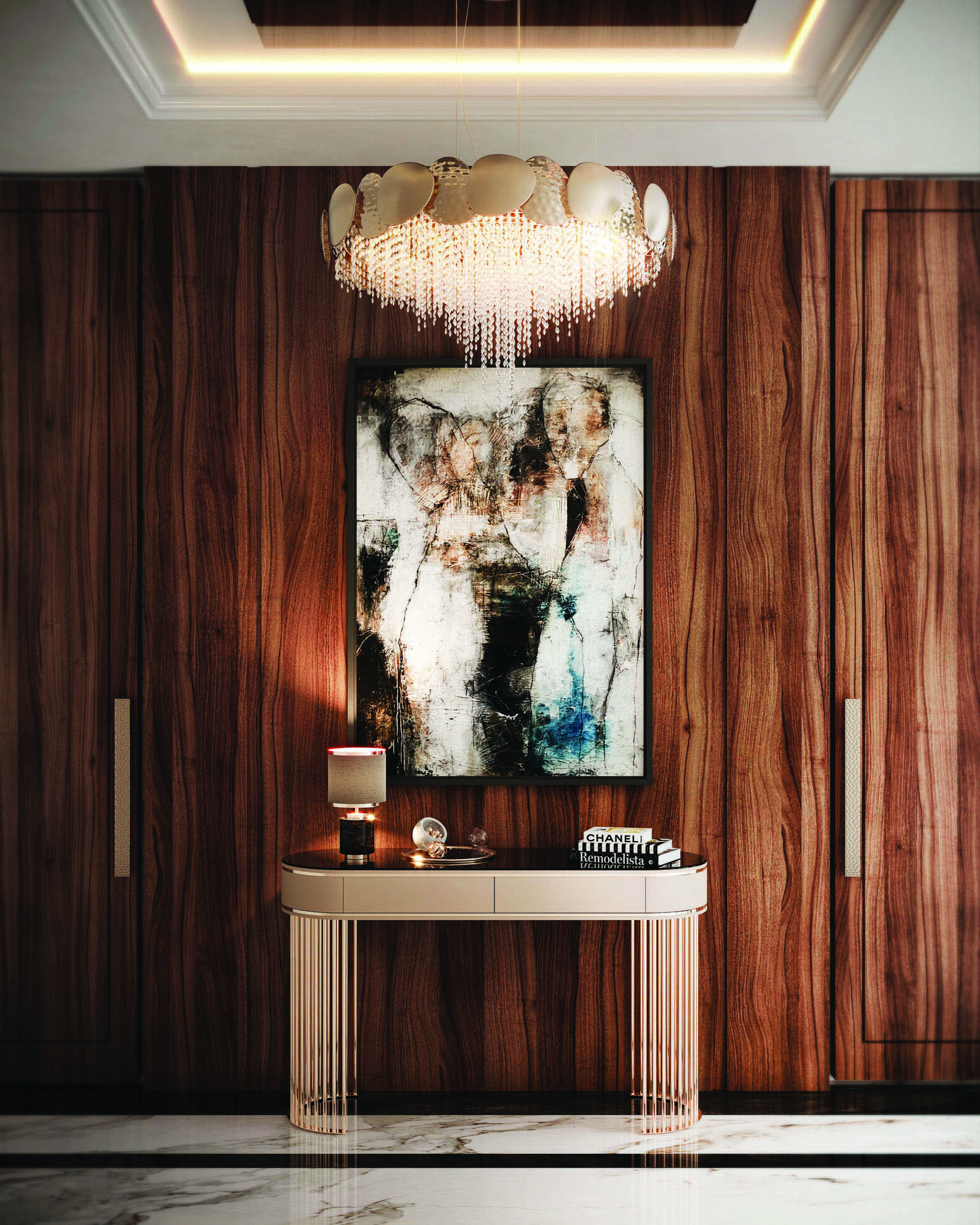 Sophisticated Hallway in Mocha Mousse featuring Mastery Suspension, Sparta Mini Table Lamp, and Grace Console by Castro Lighting 
