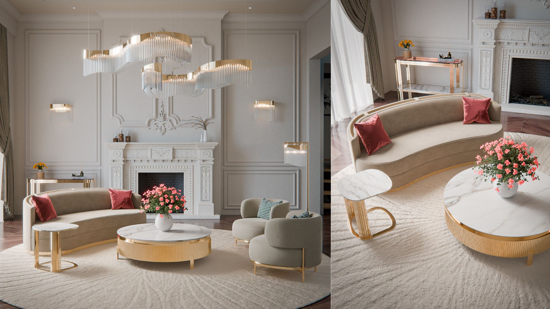 Flow Suspension, Flow Wall Light, Flow Floor Lamp, Tiffany Side and Center Table, Carlo Sofa and Marie Console | Castro Lighting