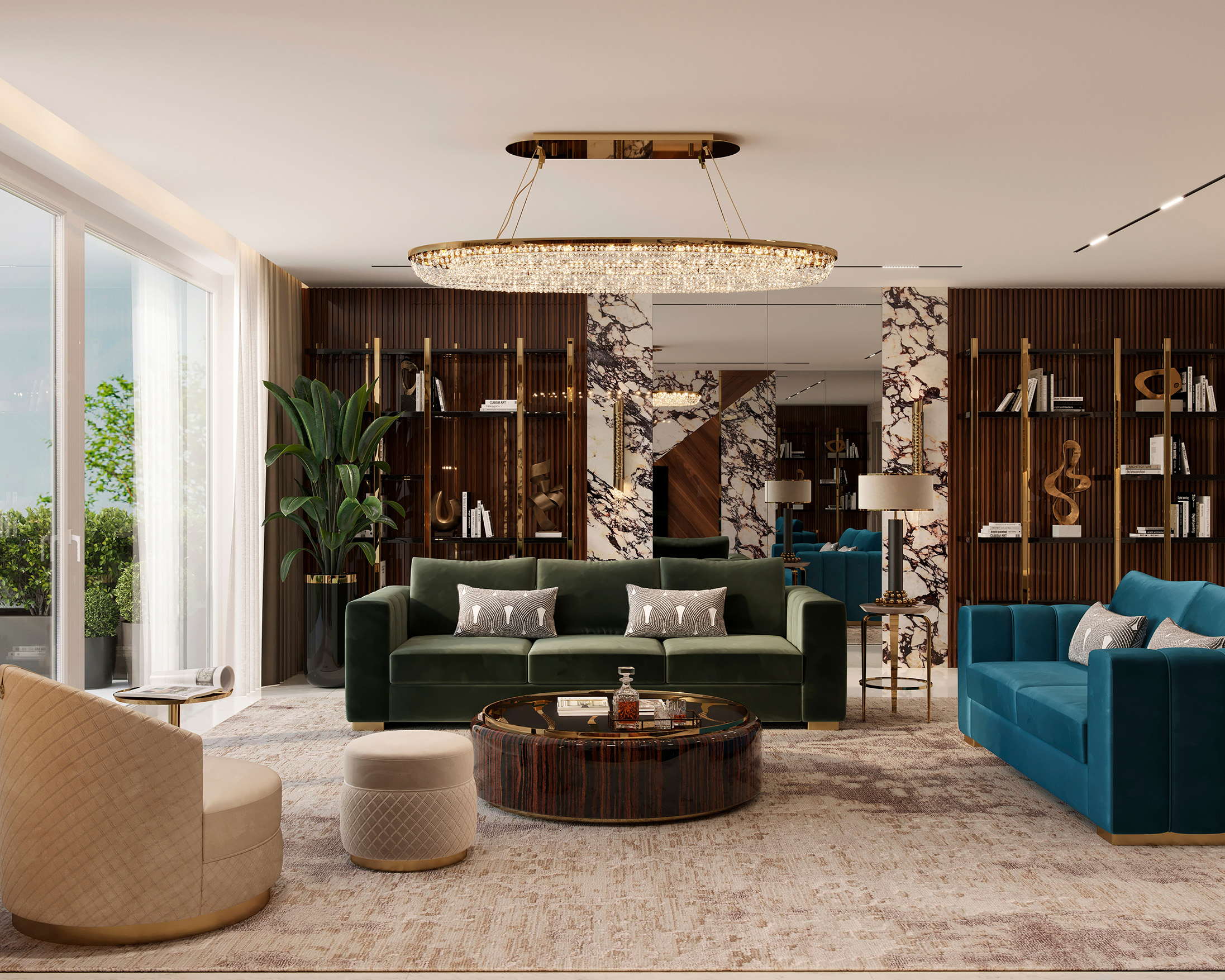 Living room designed by castro with chandelier and furniture that reflect your style and signature