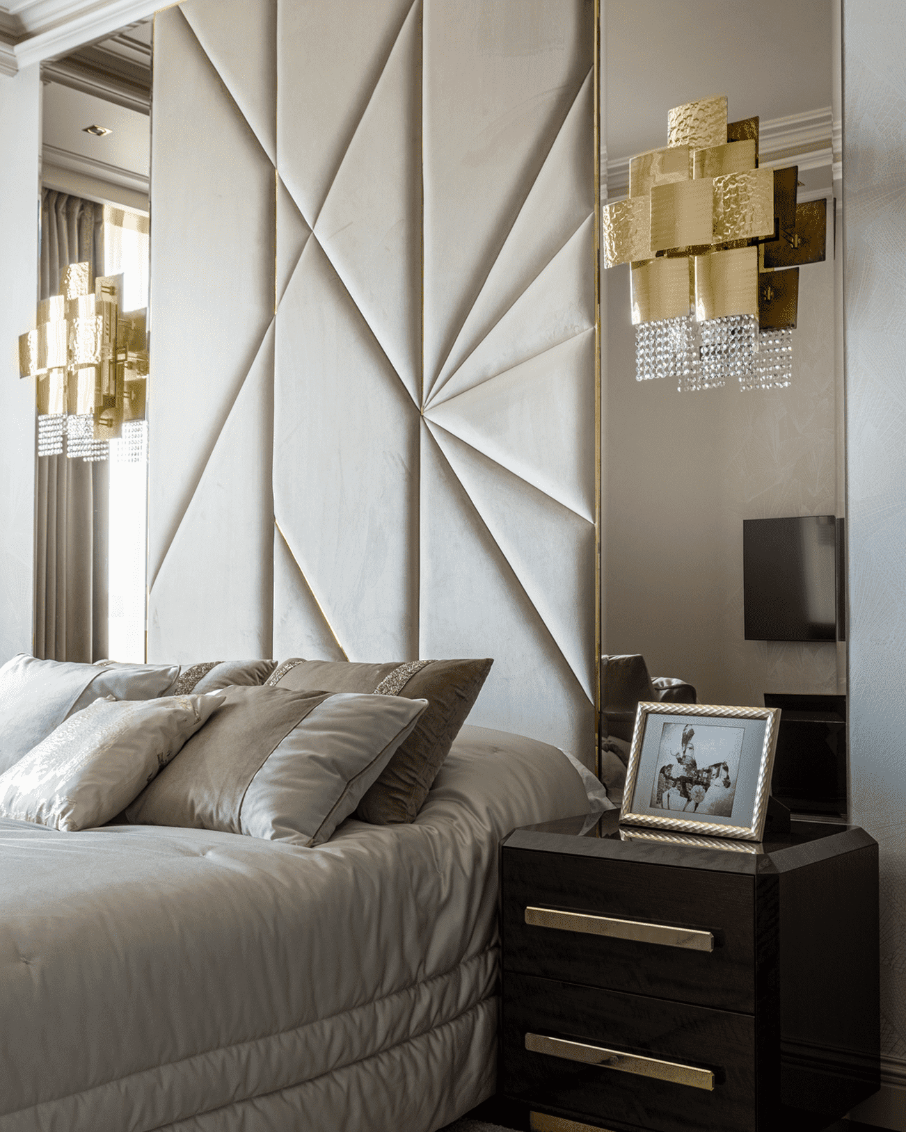 Luxury Bedroom Design Project by Marina Putilovskaya in calming neutrals tones featuring Mondrian Wall Lights by Castro Lighting