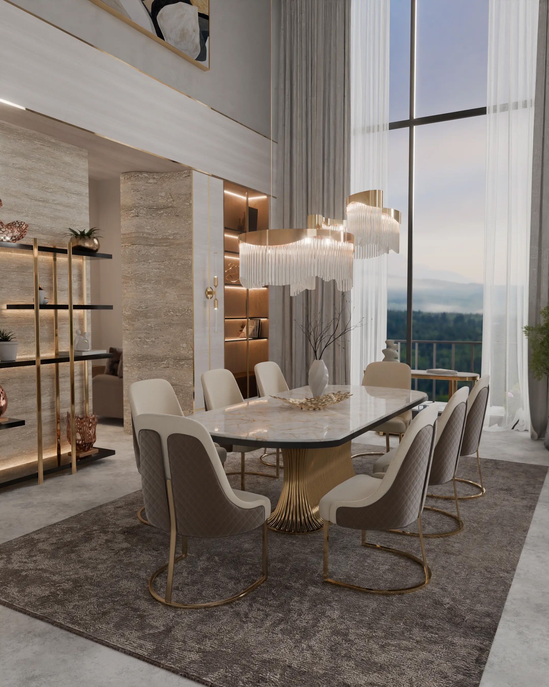 Elegant dining space featuring Flow Suspension, Cilo Wall Light, Flusso Dining Table, Athena Chairs, Euphoria Console, Columns Bookshelf by Castro Lighting 