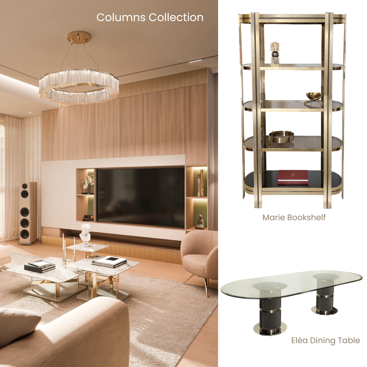 Columns Tables, Marie Bookshelf and Eléa Dining Table