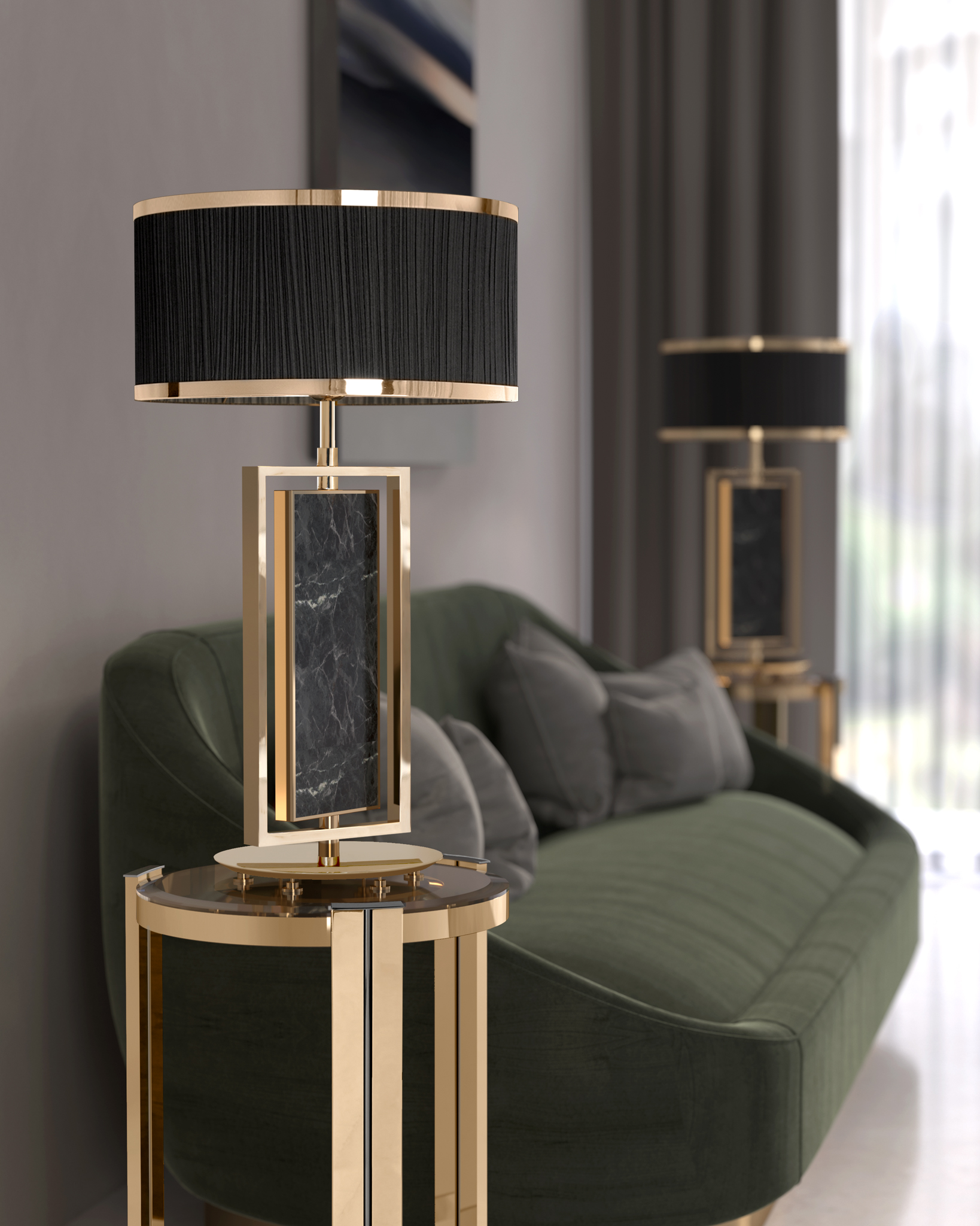 Sophisticated Living Room in green tones featuring Petra Table lamps