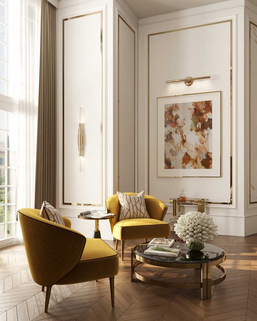 Elegant Living room featuring Metier Wall Light, Hopper Wall Light, Marie Center Table, Butler Side Table, Sedere Armchair in butter yellow by Castro Lighting