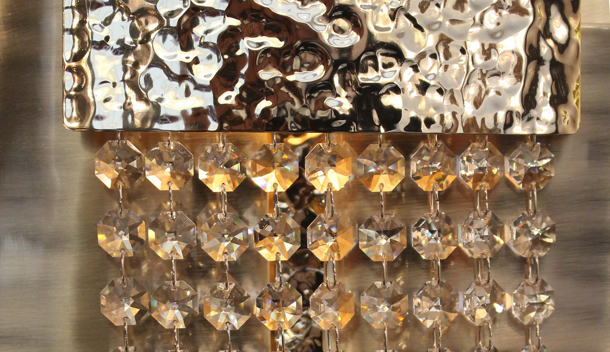 /storage/Luxury brass Mondrian Wall Light with gold-plated hammered and brushed finishes, geometric design, and delicate crystal glass details.