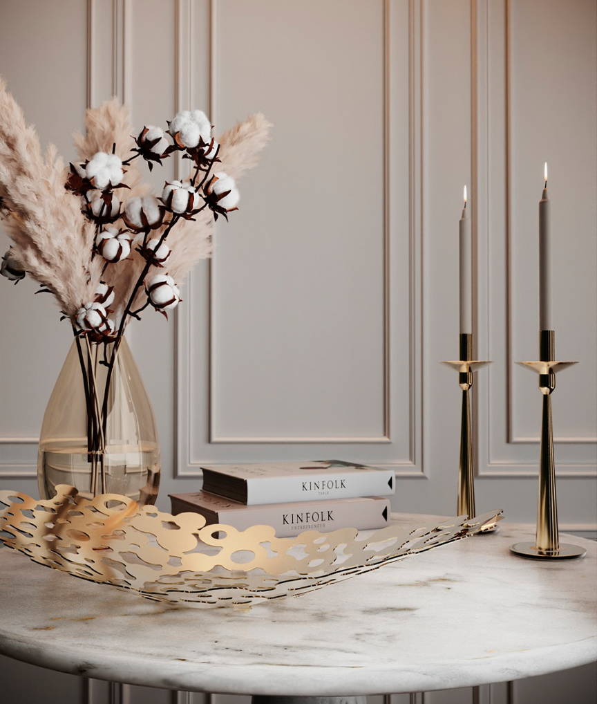 Minimalistic decor ideas with Spike Candle Holder and Pattern Basket by Castro Lighting