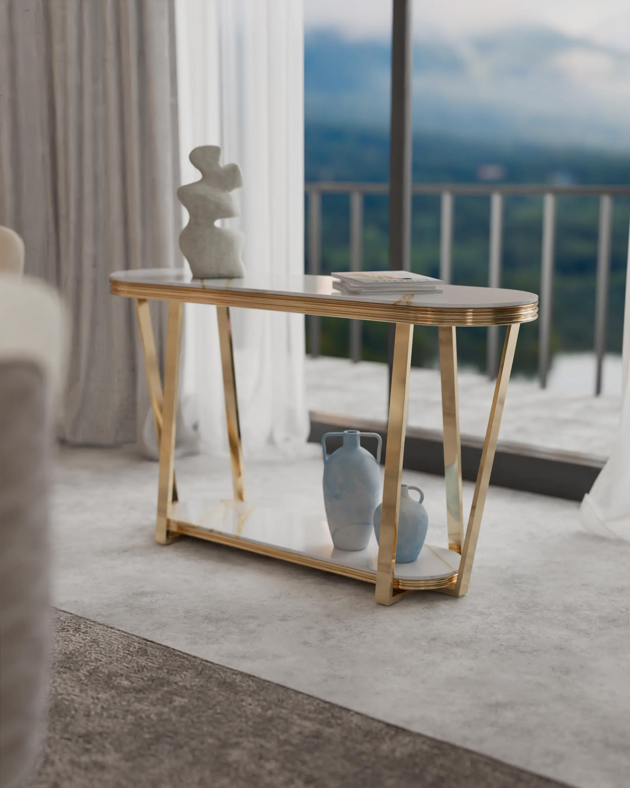 Elegant Living room by Castro Lighting Castro Interiors featuring Euphoria console in white marble and neutral beige tones