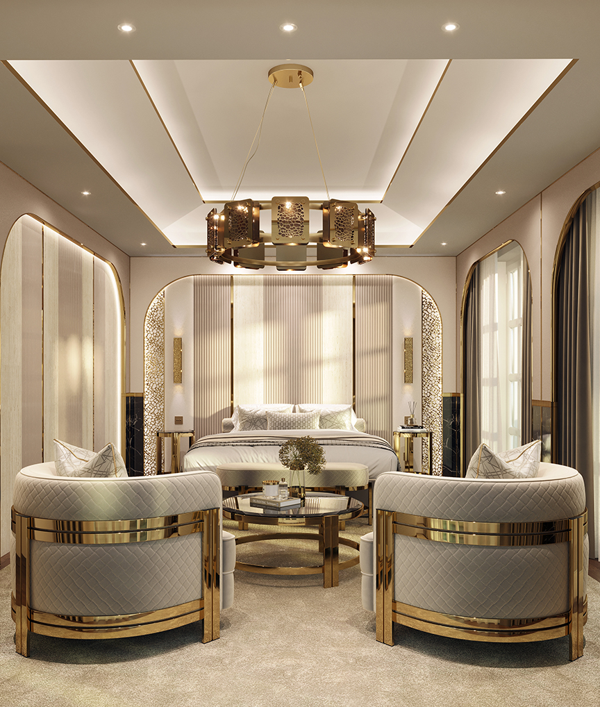 Neutral Bedroom featuring Safi Suspension, Riviera Wall Lights, Marie Maple, and Marie Center Table by Castro L