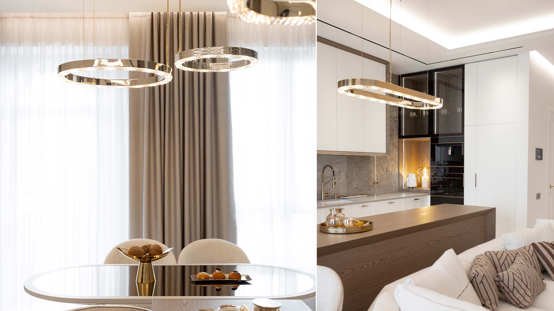 Open-plan dining and kitchen interior featuring the Metis Hammered Suspension by Castro Lighting, with sculptural circular forms, refined crystal details and a warm contemporary atmosphere.