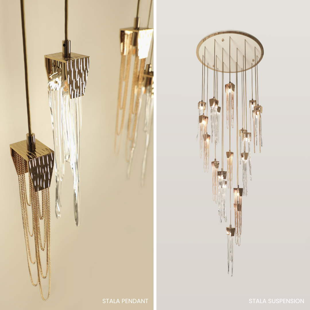Display of the Stala Suspension and Stala Pendant lighting fixtures.